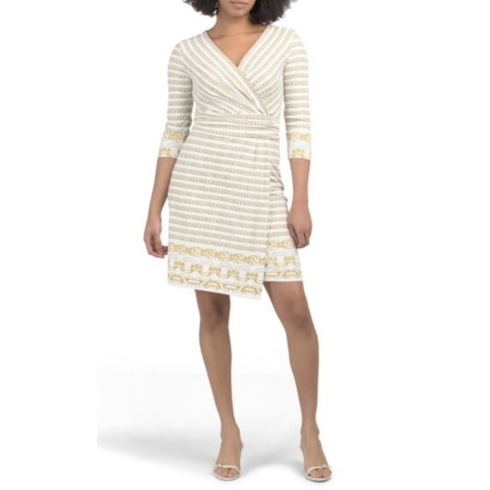 J. McLaughlin nwt Brea wrap gold optic link chain print white stretchy dress